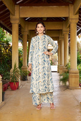 Elegant Blue Floral Viscose Cotton Kurti Set with Printed Pants