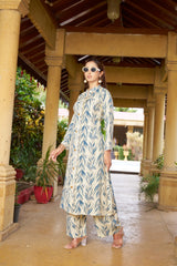 Elegant Blue Floral Viscose Cotton Kurti Set with Printed Pants