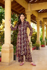 Burgundy Floral Viscose Cotton Kurti Set with Matching Printed Pants