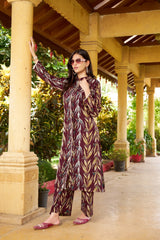 Burgundy Floral Viscose Cotton Kurti Set with Matching Printed Pants