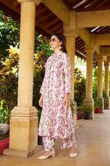 Lavender Floral Viscose Cotton Kurti Set with Printed Pants