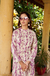 Lavender Floral Viscose Cotton Kurti Set with Printed Pants