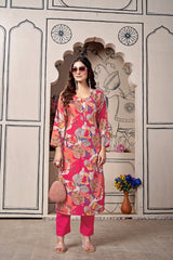 Premium Foil Print Viscose Cotton Kurti Set with Fancy Stretchable Pants – Floral & Abstract Design
