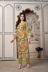 Chic Floral Foil Print Viscose Cotton Kurti Set with Contemporary Tailored Pants