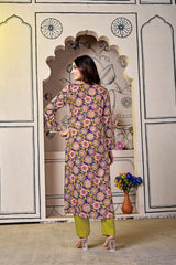 Blue Vibrant Floral Print Viscose Cotton Kurti Set with Trendy Tailored Pants – Colorful and Comfortable