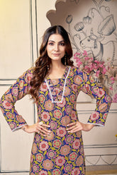 Blue Vibrant Floral Print Viscose Cotton Kurti Set with Trendy Tailored Pants – Colorful and Comfortable