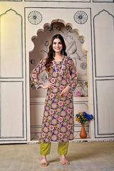Blue Vibrant Floral Print Viscose Cotton Kurti Set with Trendy Tailored Pants – Colorful and Comfortable