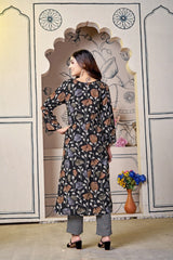 Black Floral Print Viscose Cotton Kurti Set with Trendy Printed Pants – Elegant & Comfortable