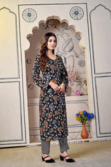 Black Floral Print Viscose Cotton Kurti Set with Trendy Printed Pants – Elegant & Comfortable