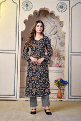 Black Floral Print Viscose Cotton Kurti Set with Trendy Printed Pants – Elegant & Comfortable