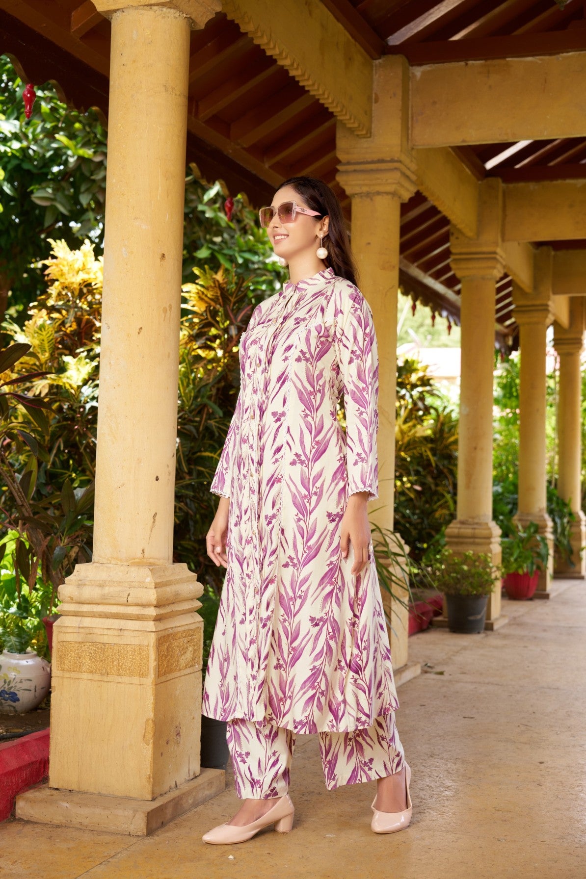 Lavender Floral Viscose Cotton Kurti Set with Printed Pants